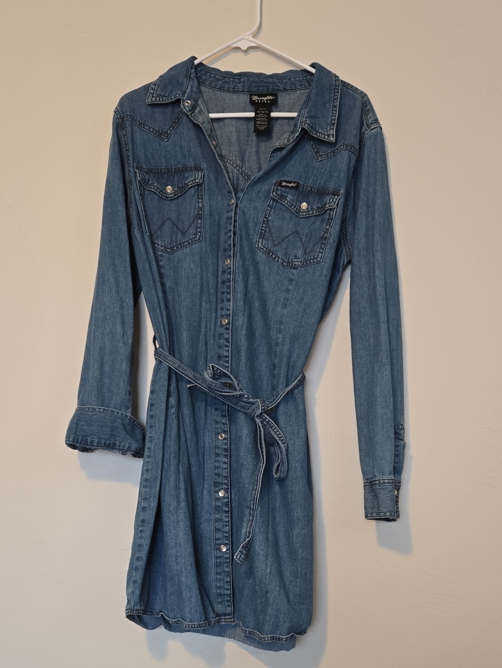 Wrangler Denim Shirt Dress in Medium Blue with Waist Tie